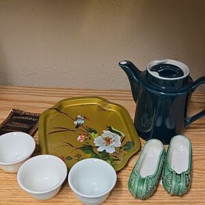 Tea Time-mini Teapot/saki Adian tray, 2 Mandarin Chinese ashtrays, & 3 cups.
